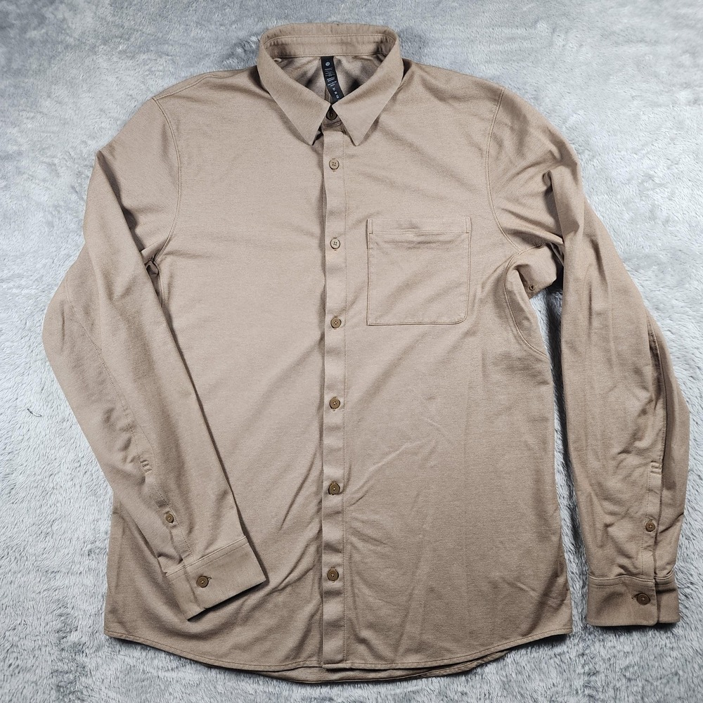 Lululemon Commision Shirt Mens Large Beige Solid Long Sleeve Button Up Casual